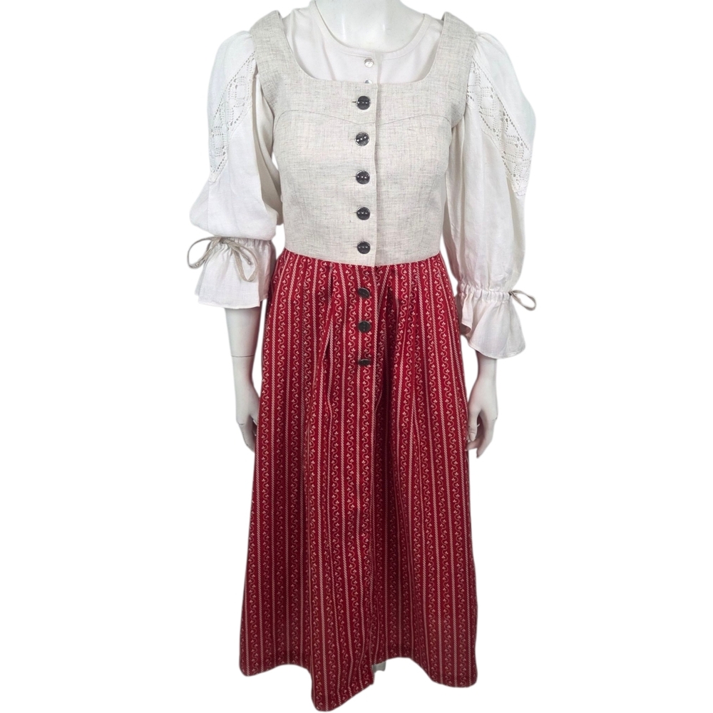 Daller Austrian Dirndl Dress And Linen Sleeve Blouse Womens 38 Small Red Alpine